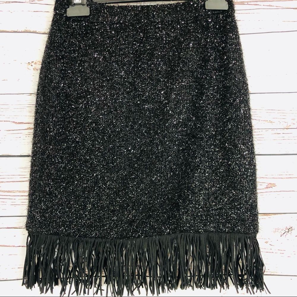 Halston Heritage Metallic Knit Skirt with Faux Leather Fringe Trim Black Sparkle